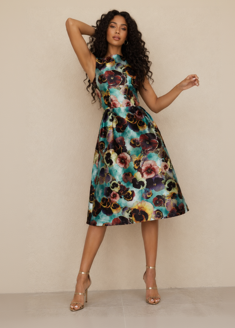 Chi Chi London Alyssa Floral Print Boat Neck Flared Midi Dress