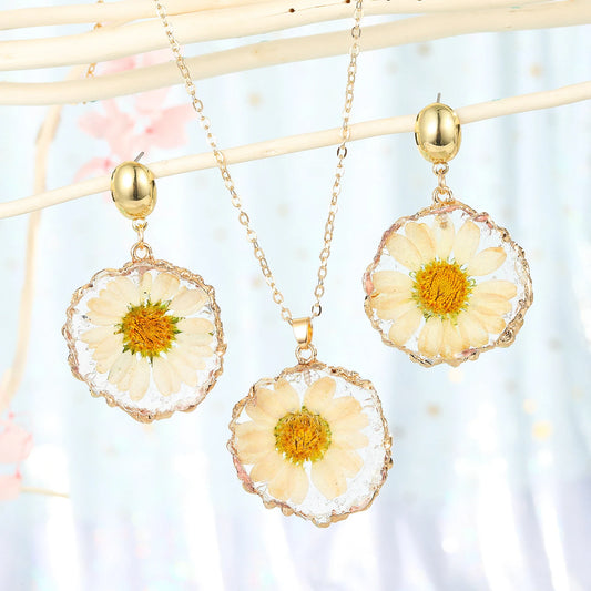 Daisy Resin Jewelry Set Necklace & Earrings Real Flower