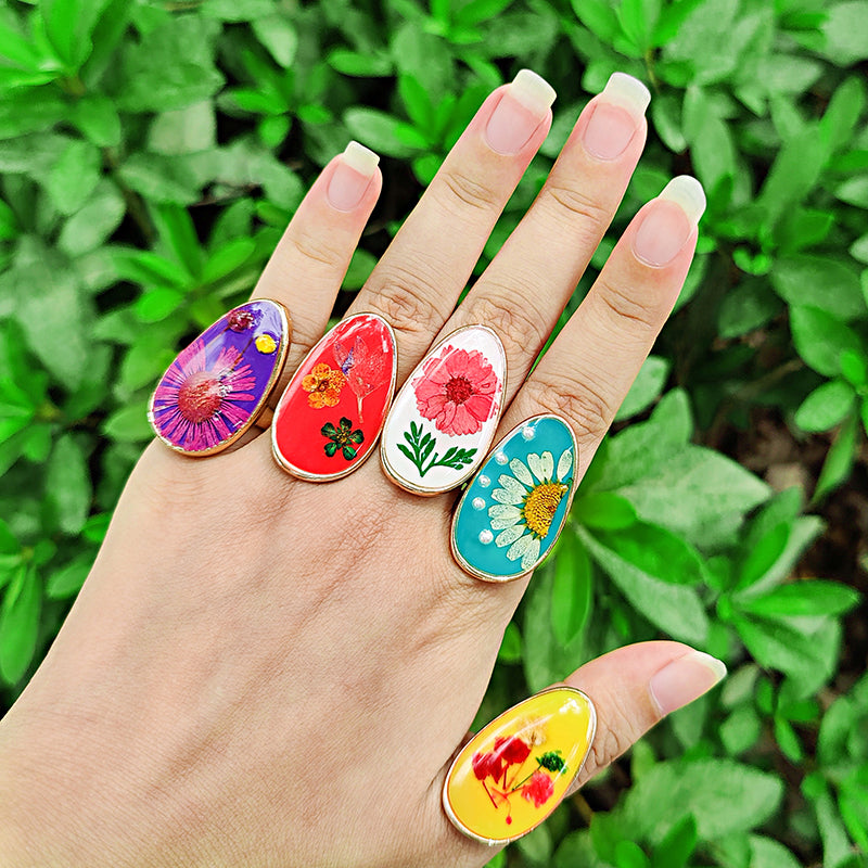 Adjustable Resin Real Floral Ring Bright Colours