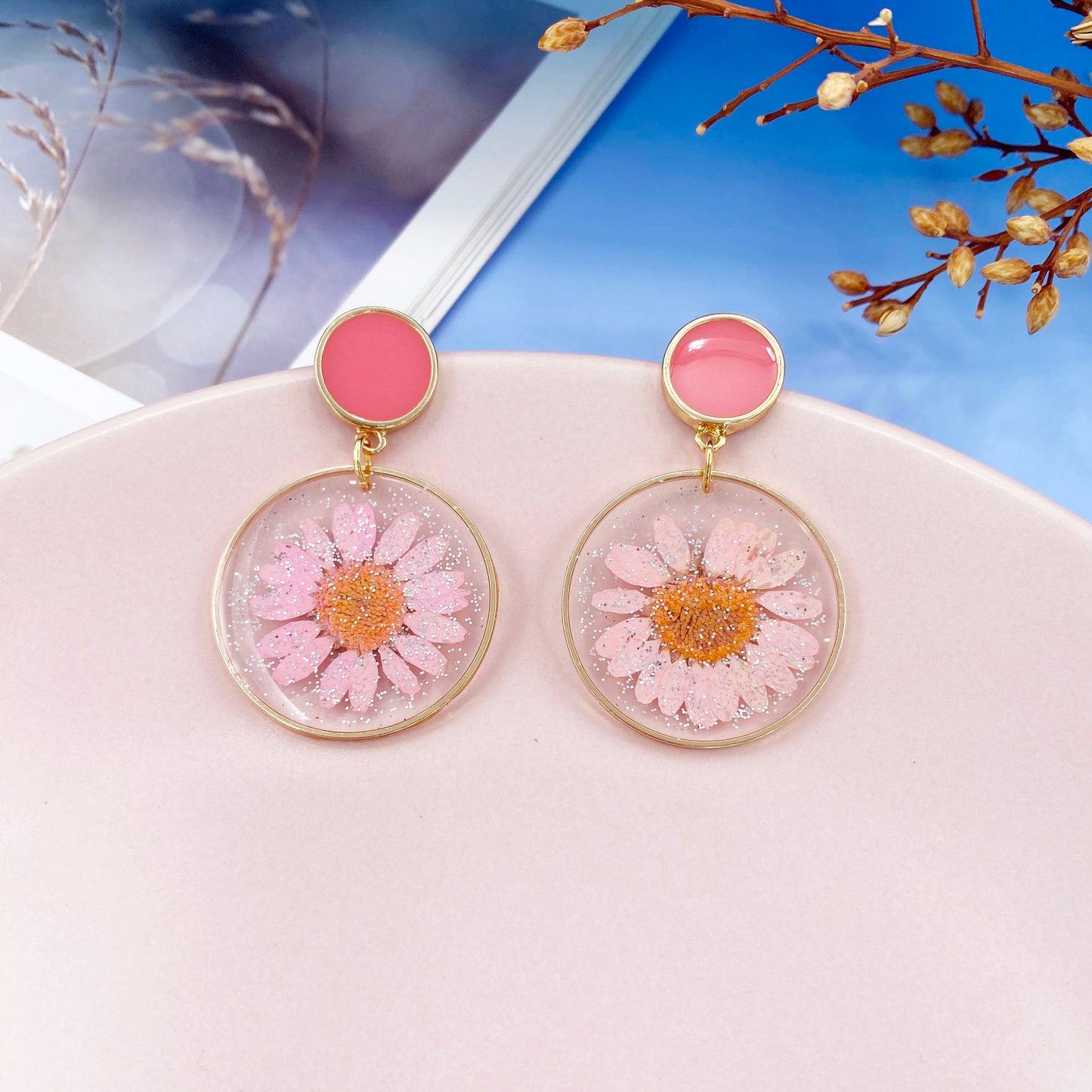 Real Flower Resin Earrings Gold Finish