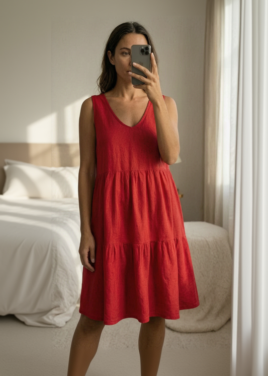 Red Coral Summer Midi Dress Linen