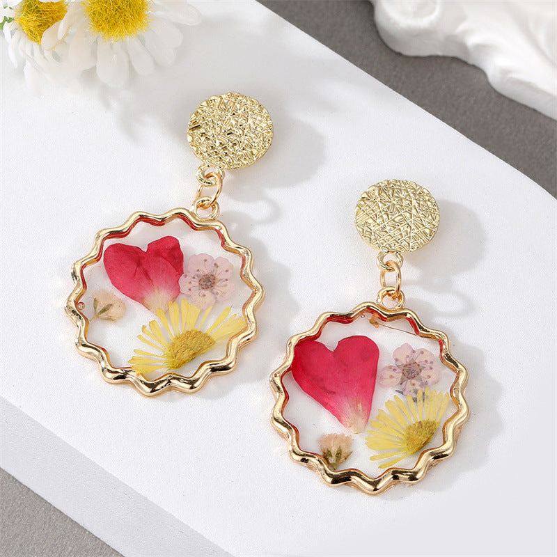 Real Flower Resin Drop Earrings Gold Finish Assorted Shapes