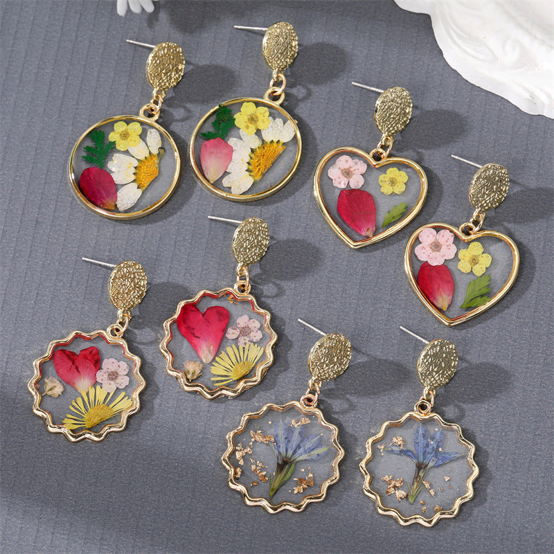 Real Flower Resin Drop Earrings Gold Finish Assorted Shapes