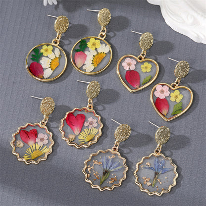 Real Flower Resin Drop Earrings Gold Finish Assorted Shapes