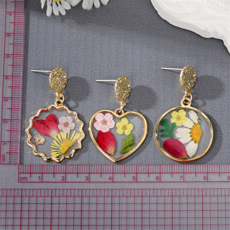 Real Flower Resin Drop Earrings Gold Finish Assorted Shapes