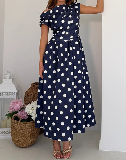 Navy Polka Dot Asymmetric Neckline Skater Midi Dress