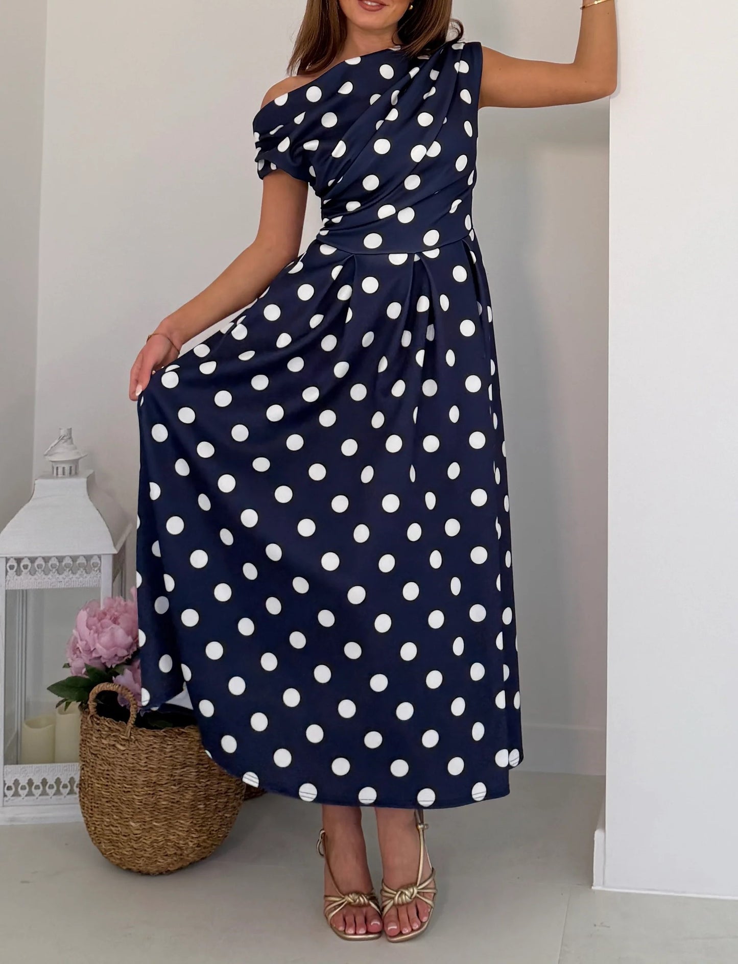 Navy Polka Dot Asymmetric Neckline Skater Midi Dress