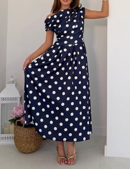 Navy Polka Dot Asymmetric Neckline Skater Midi Dress