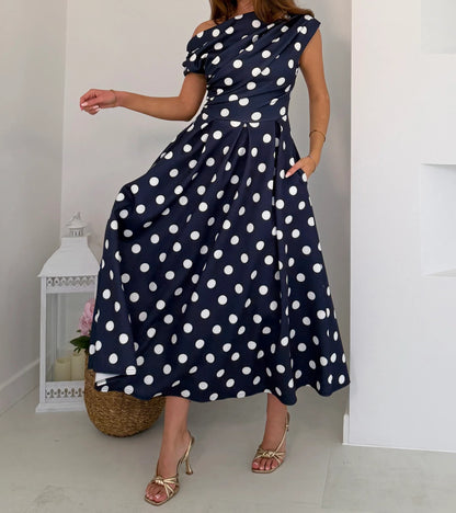 Navy Polka Dot Asymmetric Neckline Skater Midi Dress