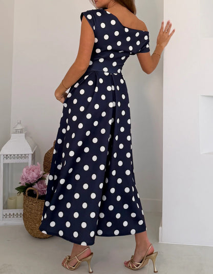 Navy Polka Dot Asymmetric Neckline Skater Midi Dress