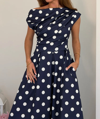 Navy Polka Dot Asymmetric Neckline Skater Midi Dress