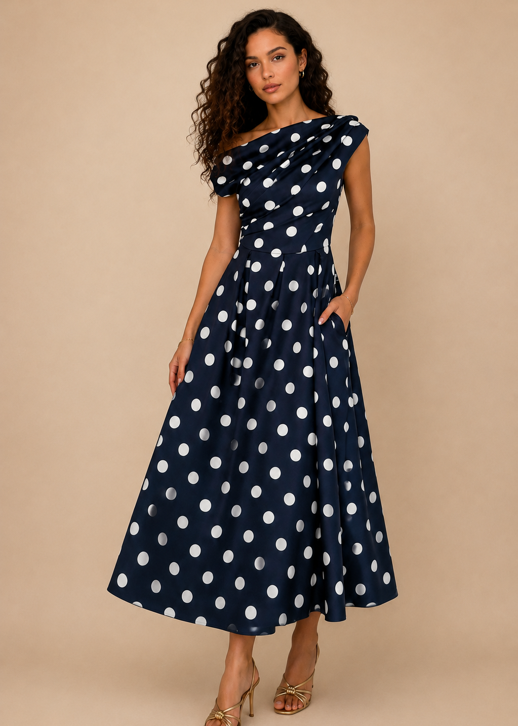 A woman modeling a navy blue off-the-shoulder midi dress with white polka dots, styled with gold high-heeled sandals against a solid beige studio background.