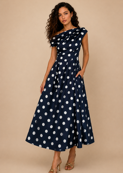 A woman modeling a navy blue off-the-shoulder midi dress with white polka dots, styled with gold high-heeled sandals against a solid beige studio background.