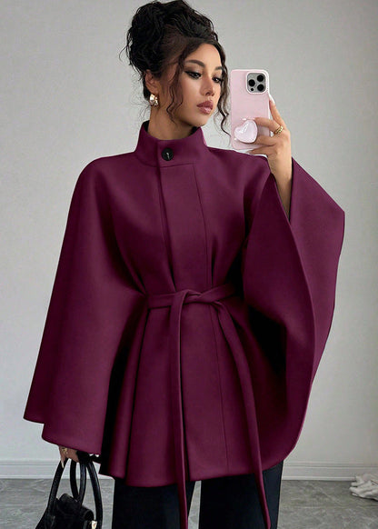 Batwing Cape Jacket with High Neck and Tie-Waist