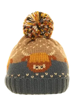 Ladies’ Highland Cow Print Knitted Bobble Hat with Fleece Lining