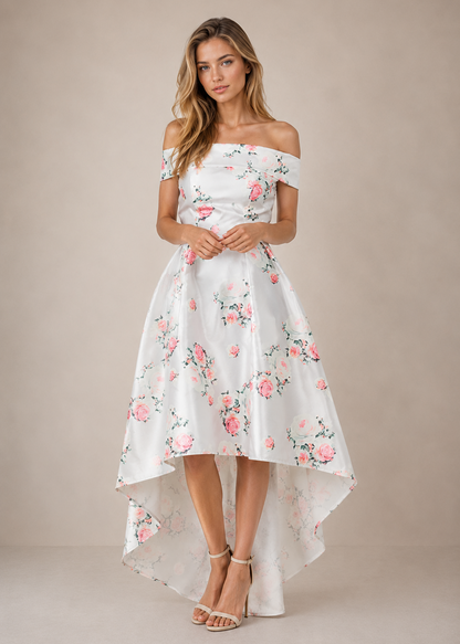 Digital Floral Bardot Dip Hem Maxi Dress