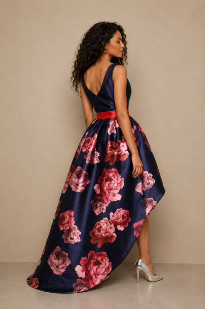 Luxurious Floral Sateen Midi Dress – Pleated Dip Hem Prom & Occasion Dress