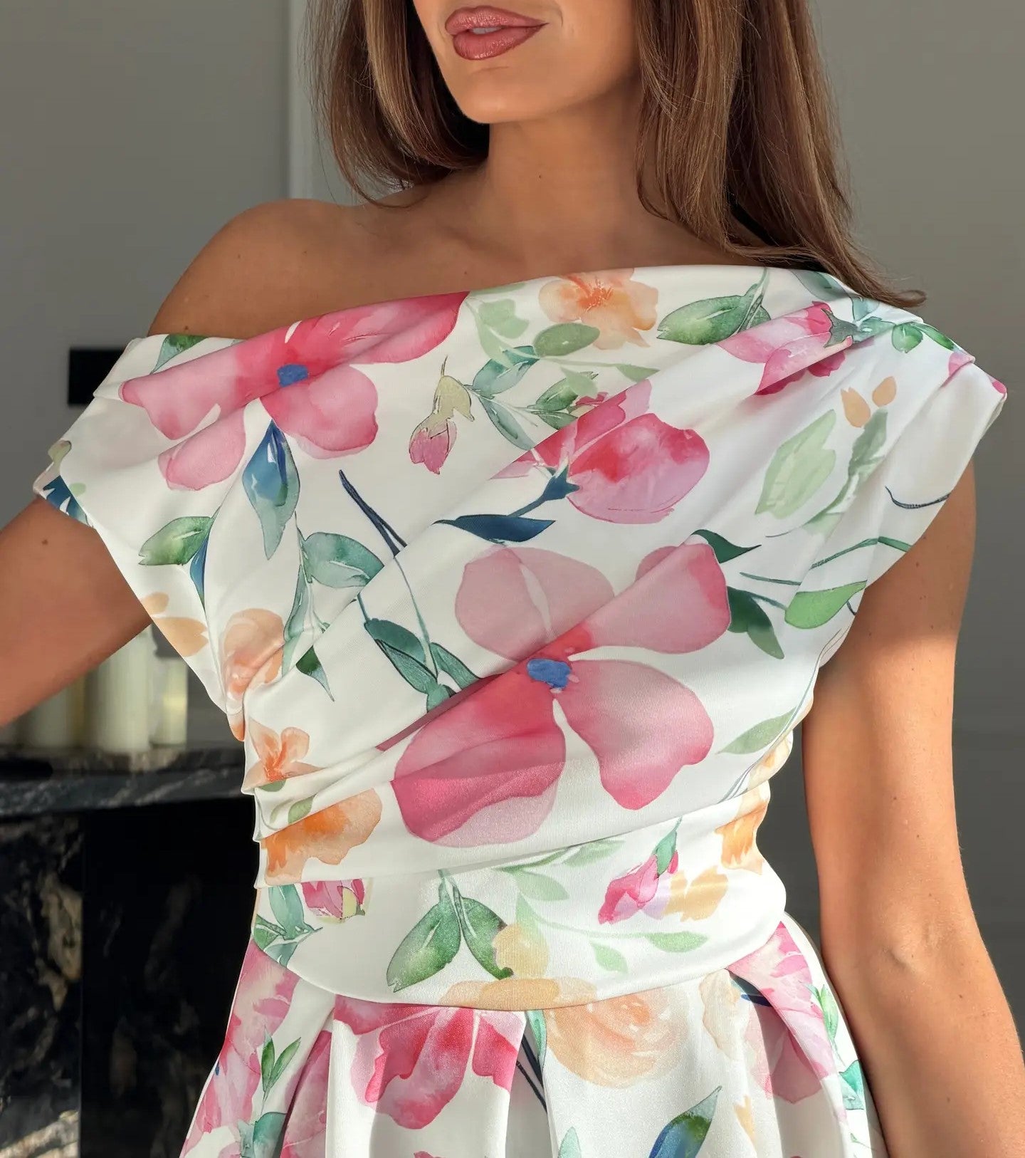 Floral Print Asymmetric Neckline Skater Midi Dress