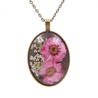 Real Flower Resin Ellipse Pendant Necklace Bronze Tone