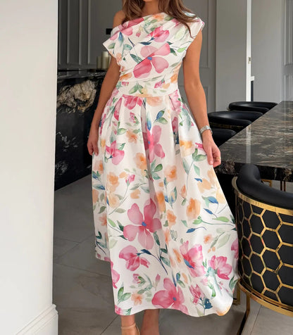 Floral Print Asymmetric Neckline Skater Midi Dress