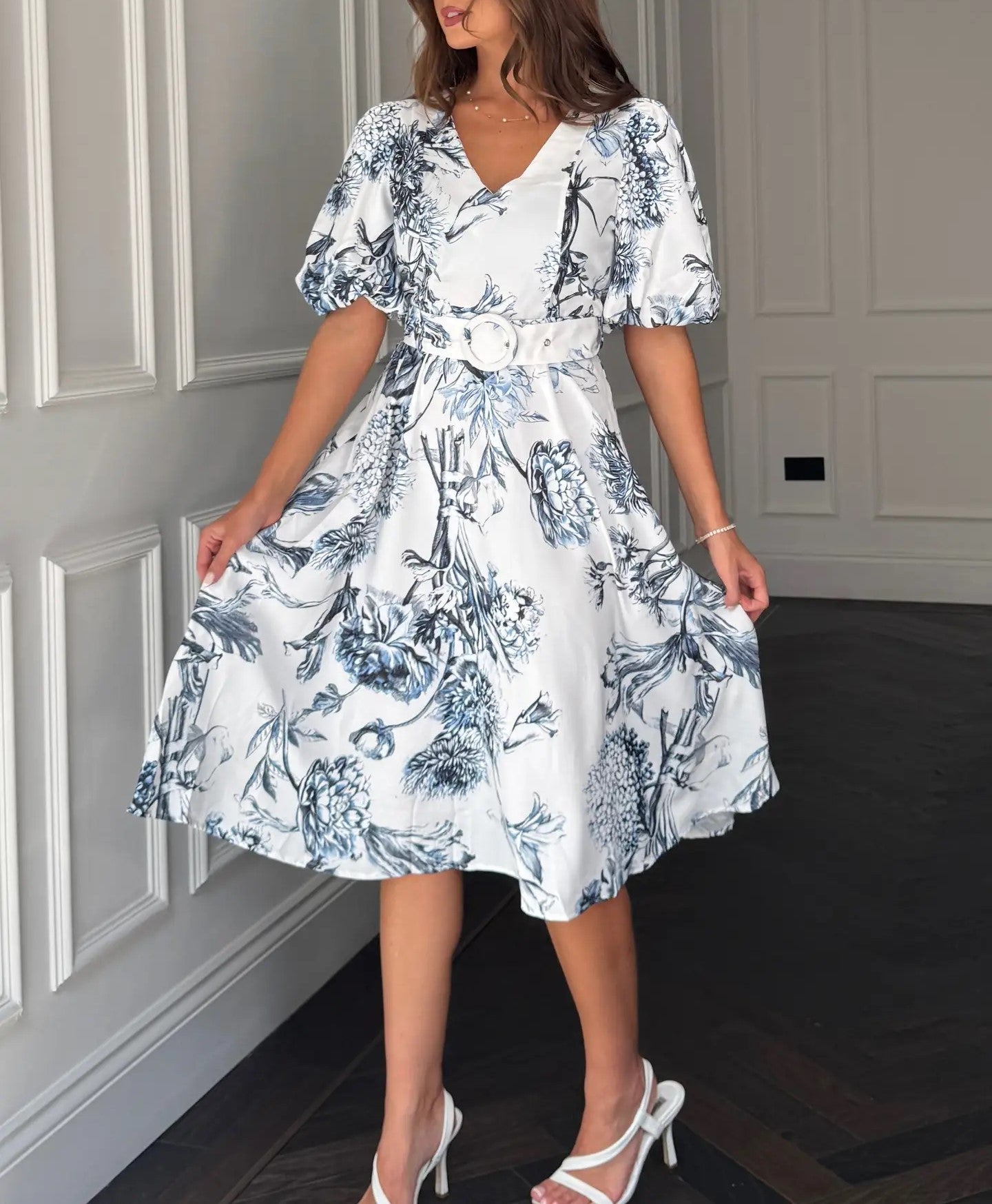 Floral V Neck Puff Sleeve Belted Midi Dress