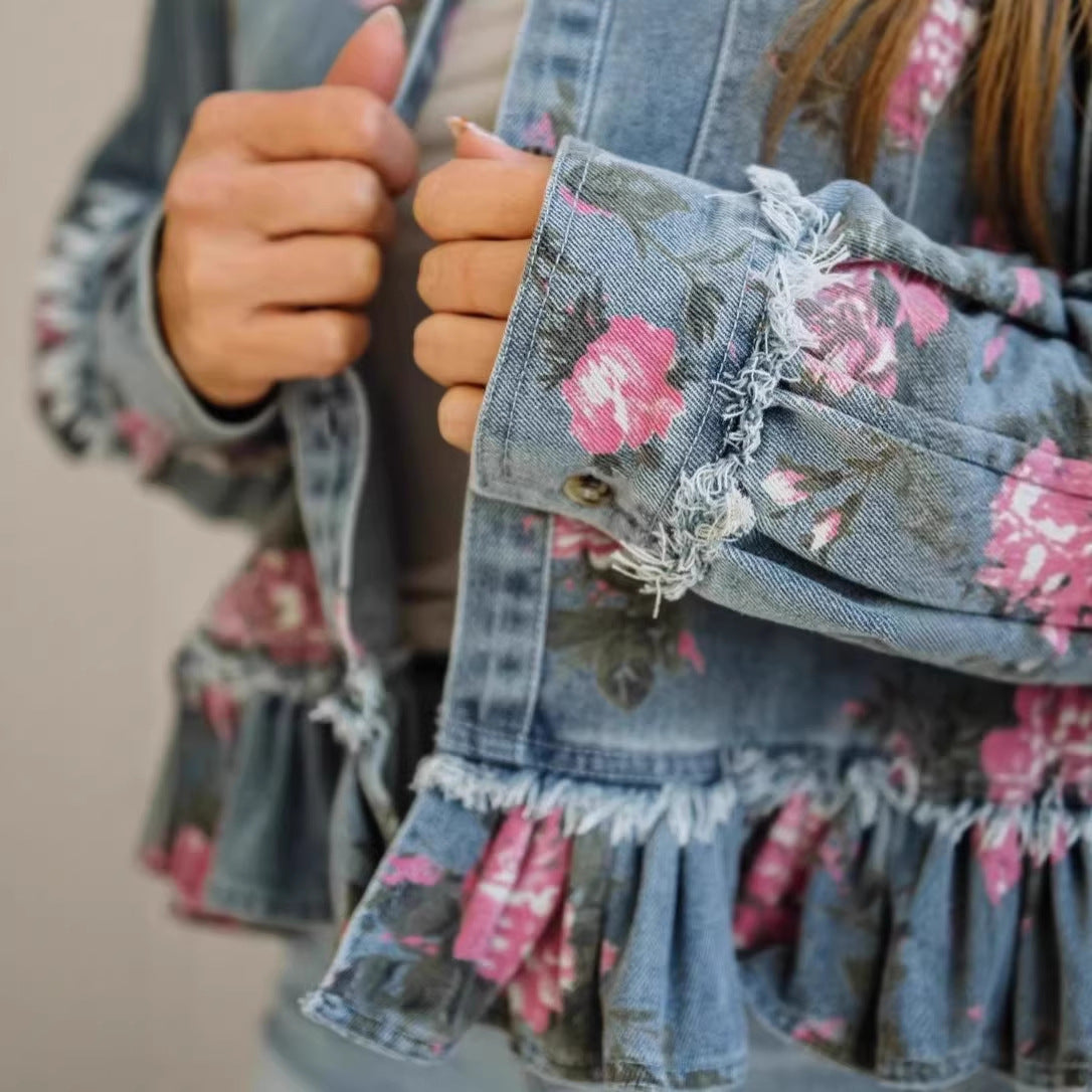 Floral Print Light and Thin Denim Jacket with Ruffle Hem