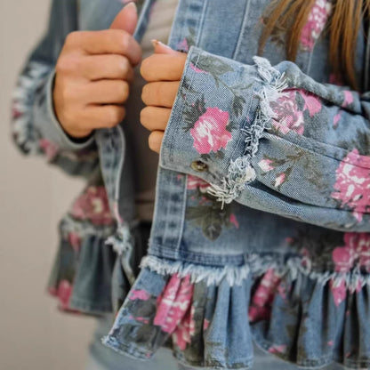 Floral Print Light and Thin Denim Jacket with Ruffle Hem