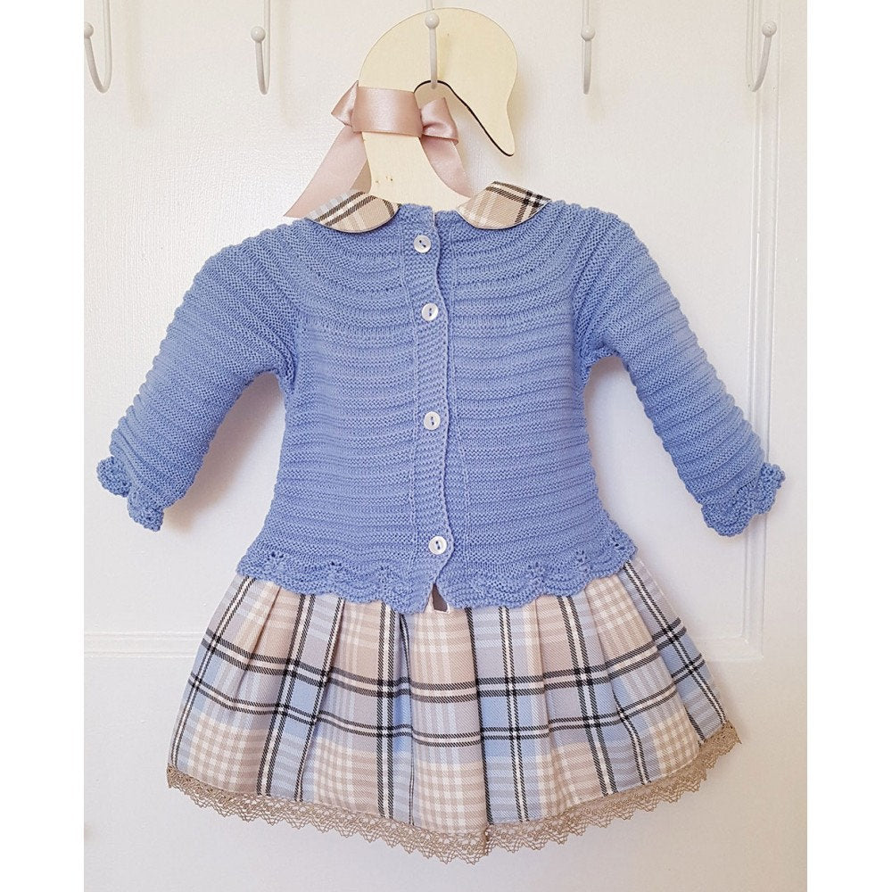 Luxury Knitted Baby Girl Dress – Traditional Romany & Spanish Style with Blue Tartan Collar