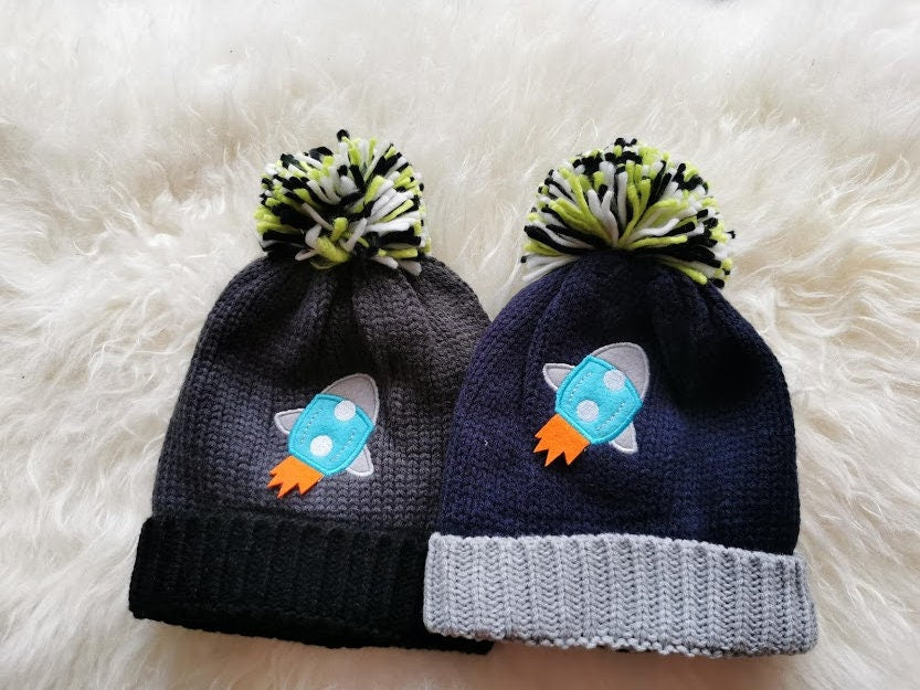 Children's Kid's Knitted Knit Lined Winter Bobble Hat Rocket