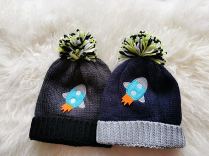 Children's Kid's Knitted Knit Lined Winter Bobble Hat Rocket
