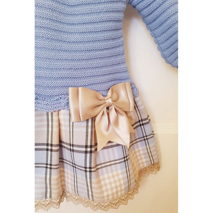 Luxury Knitted Baby Girl Dress – Traditional Romany & Spanish Style with Blue Tartan Collar