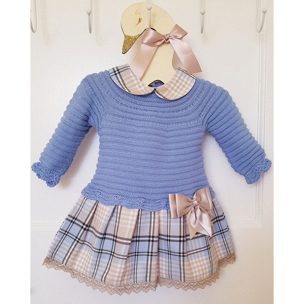 Luxury Knitted Baby Girl Dress – Traditional Romany & Spanish Style with Blue Tartan Collar