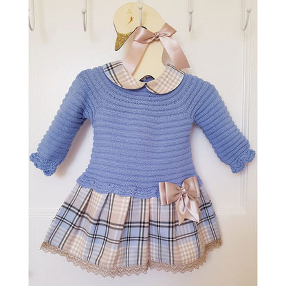Luxury Knitted Baby Girl Dress – Traditional Romany & Spanish Style with Blue Tartan Collar