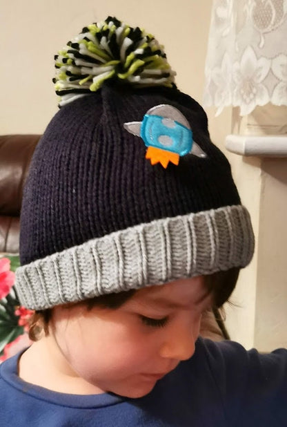 Children's Kid's Knitted Knit Lined Winter Bobble Hat Rocket