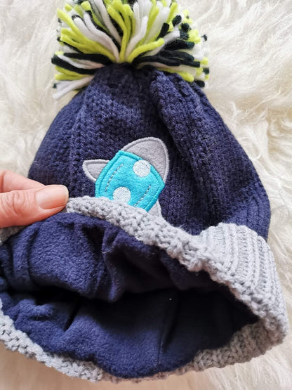 Children's Kid's Knitted Knit Lined Winter Bobble Hat Rocket