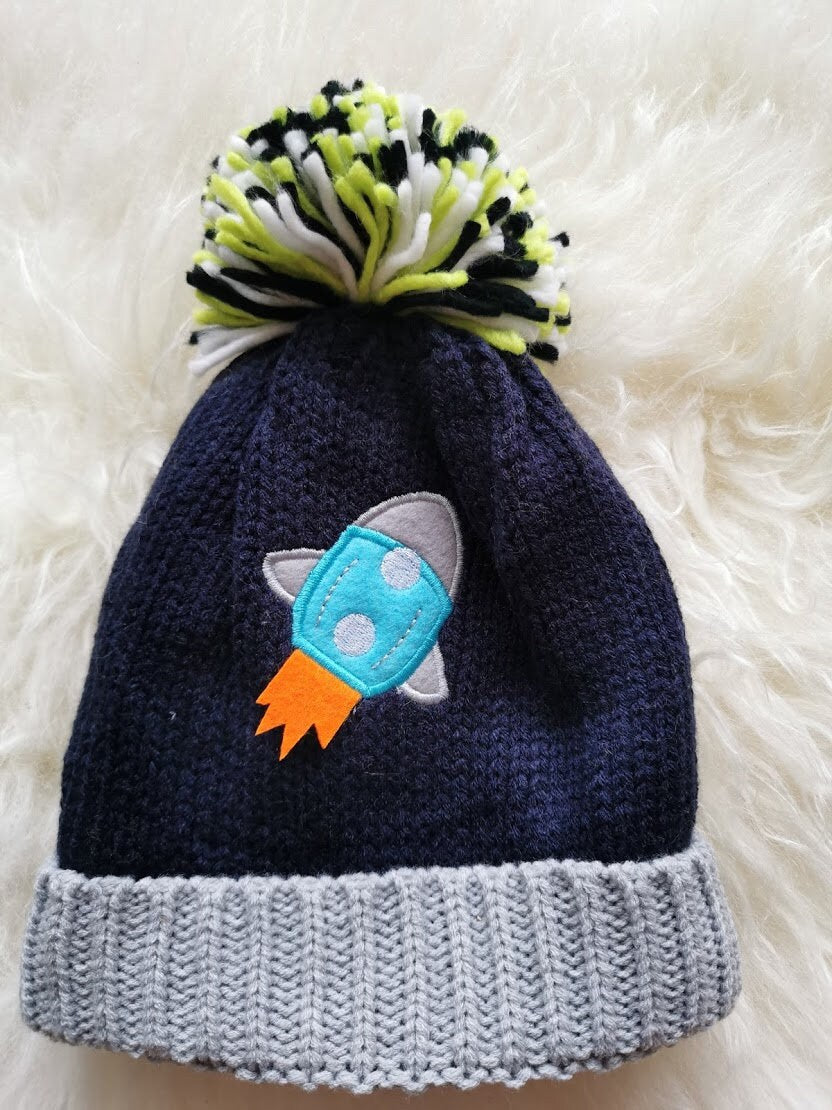 Children's Kid's Knitted Knit Lined Winter Bobble Hat Rocket