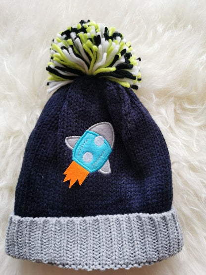 Children's Kid's Knitted Knit Lined Winter Bobble Hat Rocket