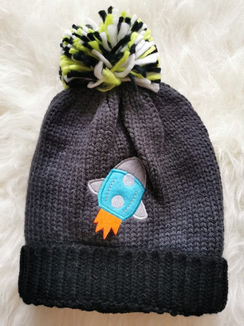 Children's Kid's Knitted Knit Lined Winter Bobble Hat Rocket