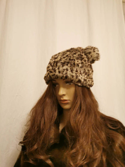 Faux fur leopard cat hat with ears