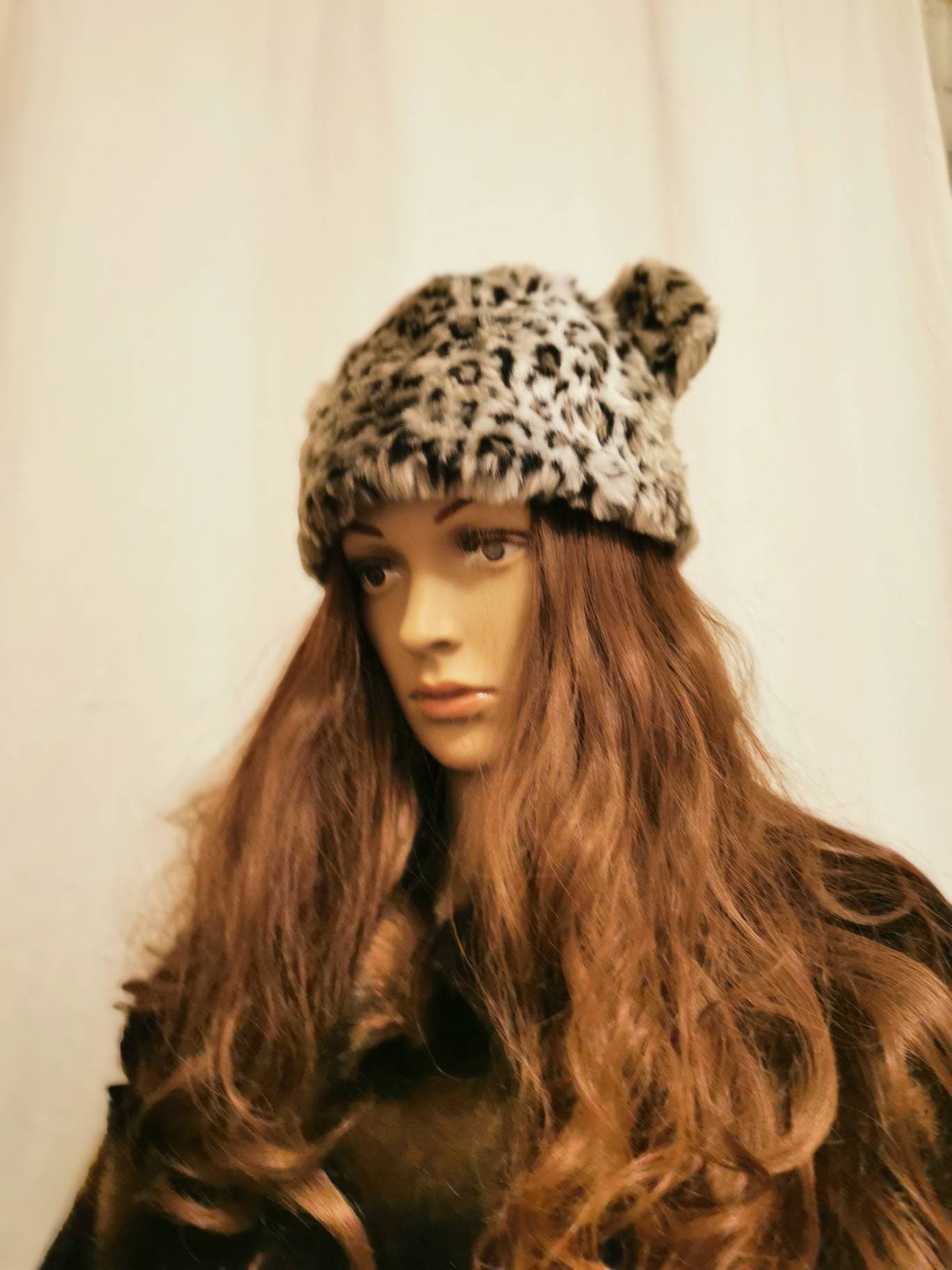 Faux fur leopard cat hat with ears
