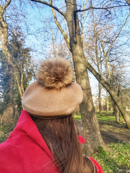 Wool beret Vintage Style with Racoon pom pom real fur