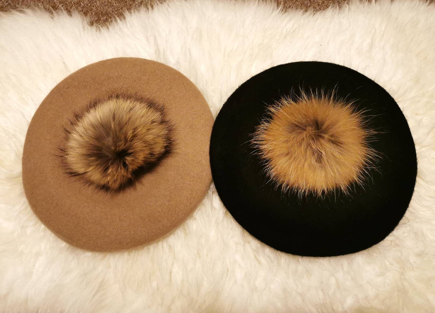 Wool beret Vintage Style with Racoon pom pom real fur
