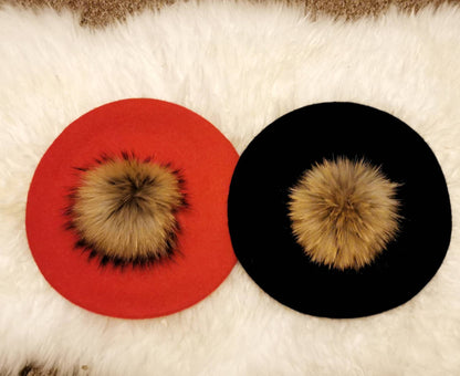 Wool beret Vintage Style with Racoon pom pom real fur