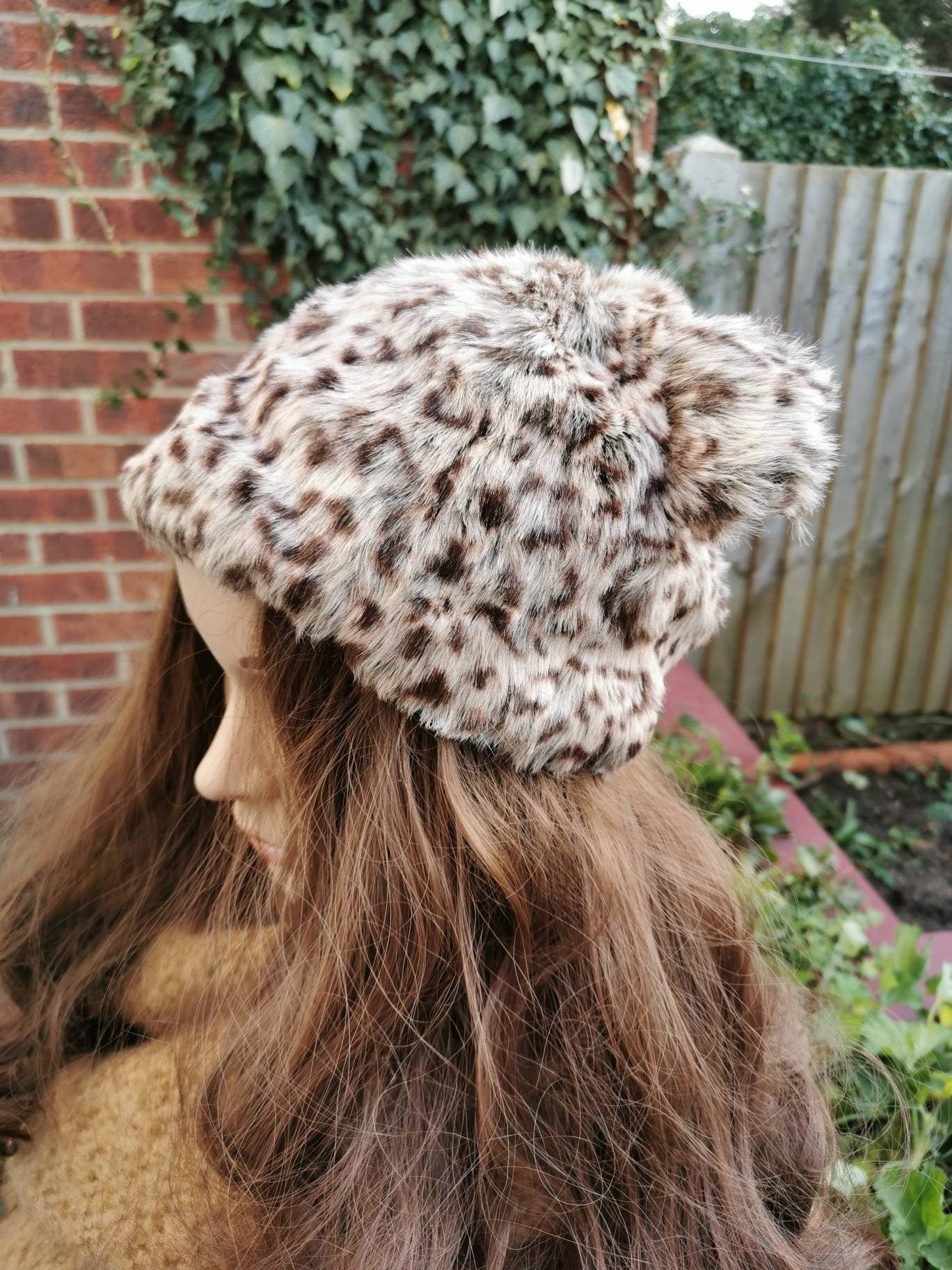 Faux fur leopard cat hat with ears