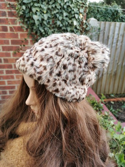 Faux fur leopard cat hat with ears