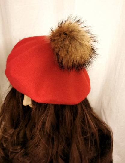 Wool beret Vintage Style with Racoon pom pom real fur
