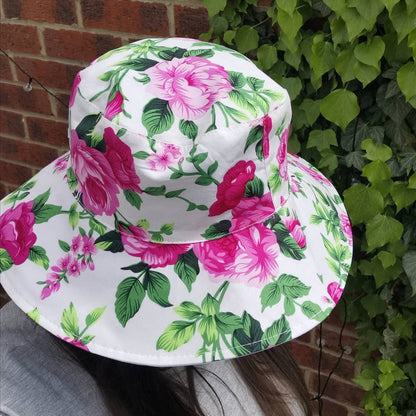 Pink Floral Rose Sumer Reversible Floppy Cotton Hat Wide Brim Hat Gardening