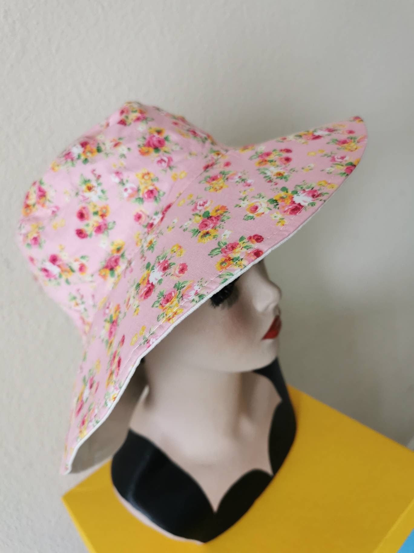 Ladies Summer Hat Wide Brim Flower Floppy Sun Hat Reversible Pink Blue Cotton Handmade
