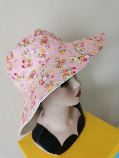 Ladies Summer Hat Wide Brim Flower Floppy Sun Hat Reversible Pink Blue Cotton Handmade