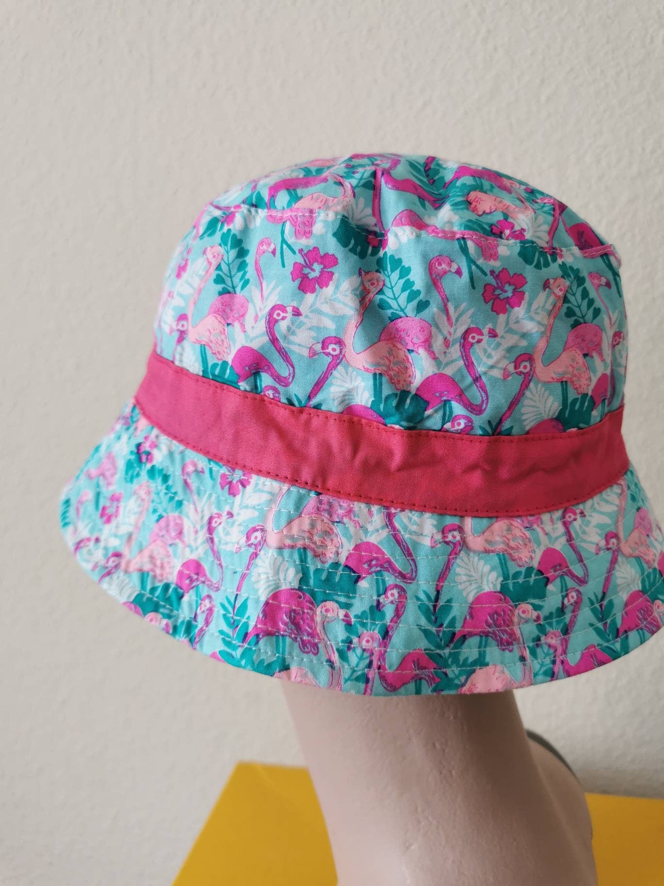 Bucket hat. Girl's bucket hat. Floral  bucket hat. Perfect for festivals/ gigs. Flamingo theme.